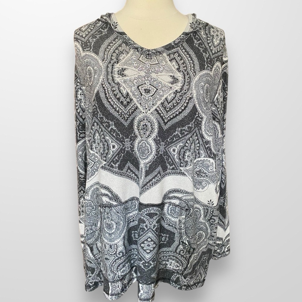 CJ Banks Womens Size 1X Hoodie Top Stretch‎ Metallic Casual Long Sleeve Beaded
